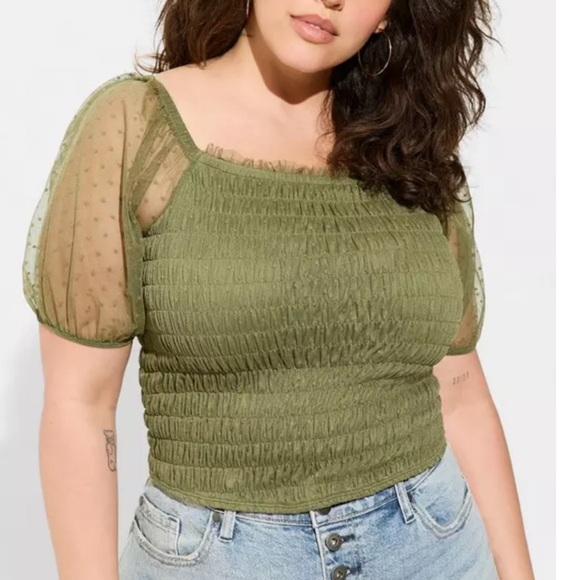 Torrid Dot Mesh Square Neck Smocked Crop Top - Picture 1 of 8